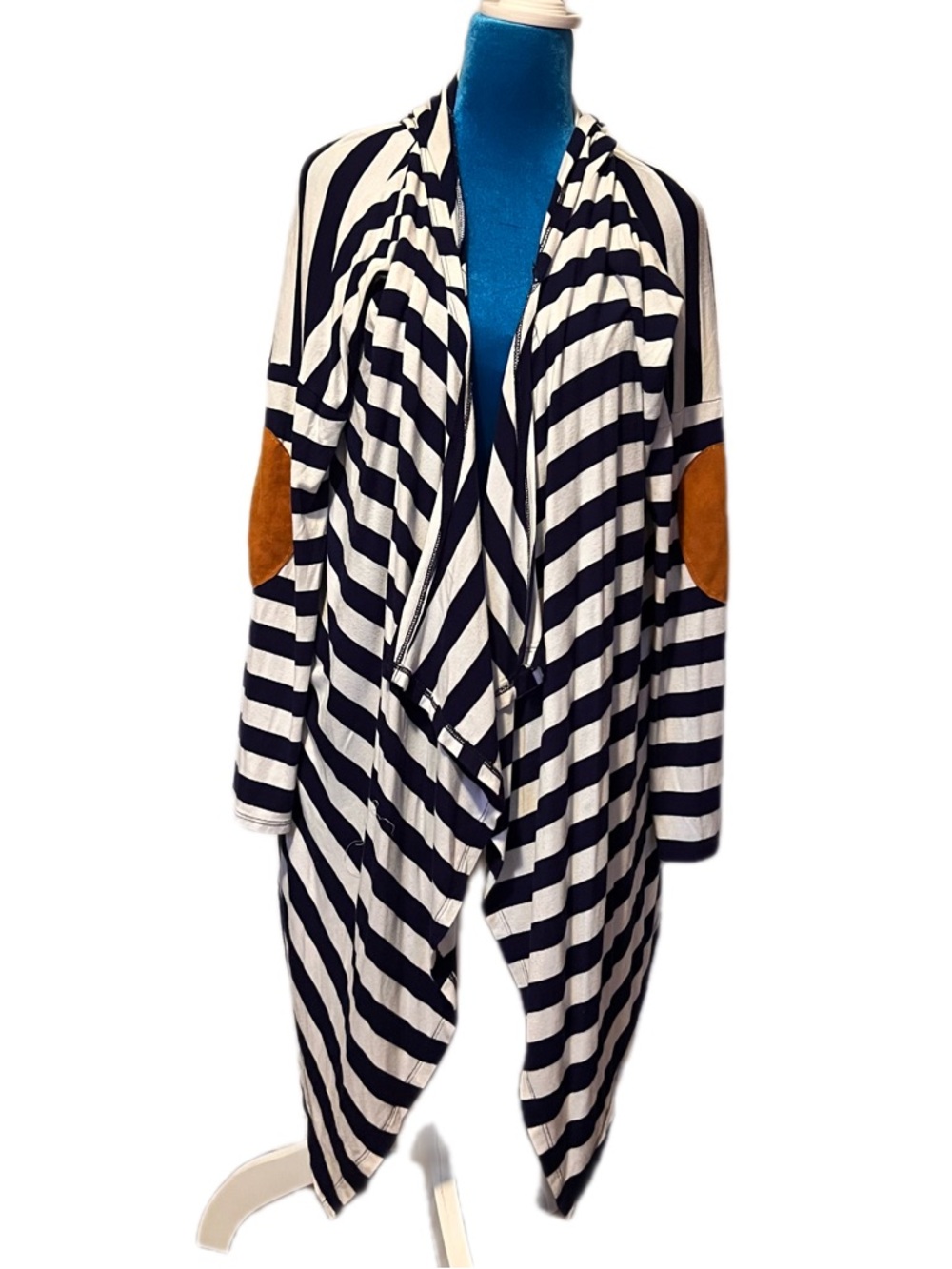 Style Rack Navy& White Striped Draped Cardigan with Tan Elbow Patches Size Large